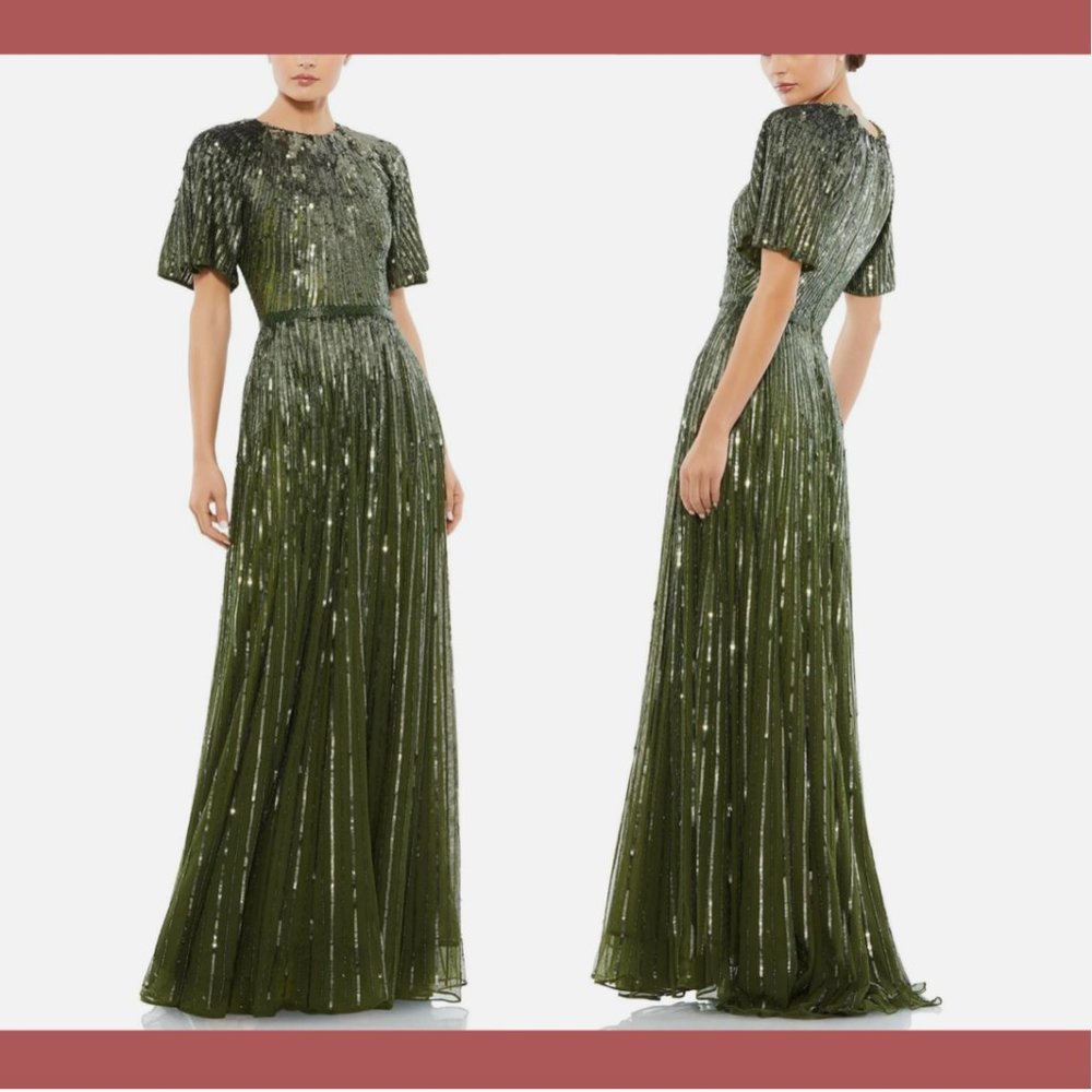 NEW $698 Mac Duggal [ 4 ] Short Sleeve Ombre Sequined‎ Evening Gown Olive #Q548 - Picture 2 of 16